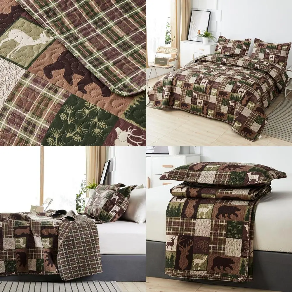 

Двустороннее одеяло-плед с узором «лесные животные» (олень, медведь), размеры Twin/Queen, в стиле рустик, покрывало для кабина, накидка на диван, летнее