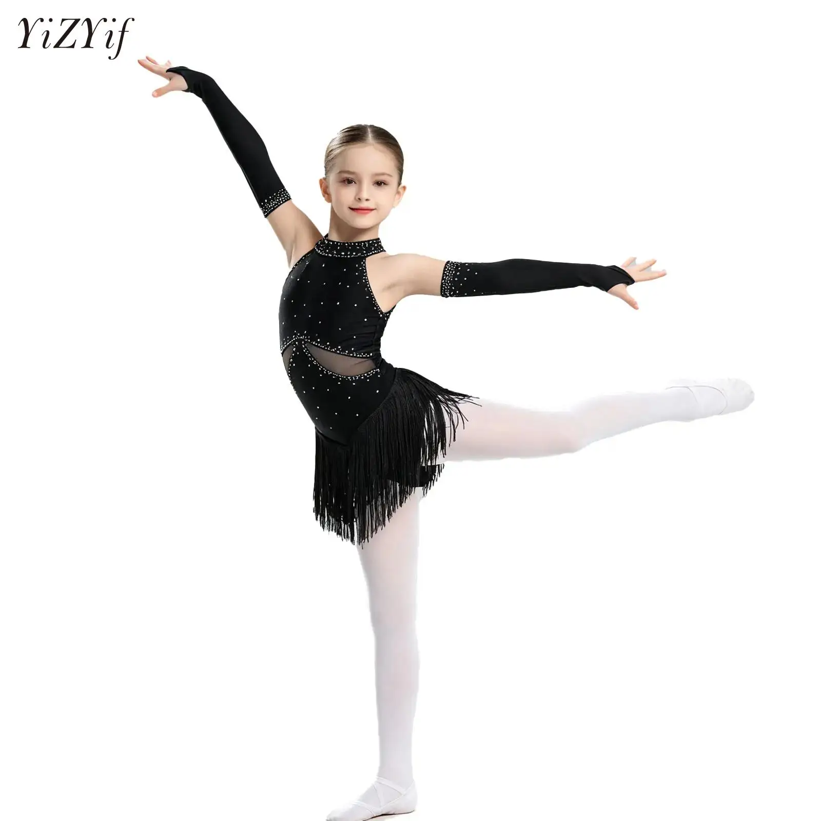 Shiny Tassel Jazz Latin Dance Leotard Dress with Gloves Kids Girls Cha-cha Samba Rumba Salsa Tango Ballroom Performance Bodysuit