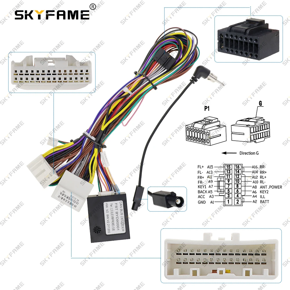 SKYFAME 16Pin Car Wiring Harness Adapter Canbus Box Decoder For BYD Song E1 E2 S2 Qin 2016-2018 Android Radio Power Cable