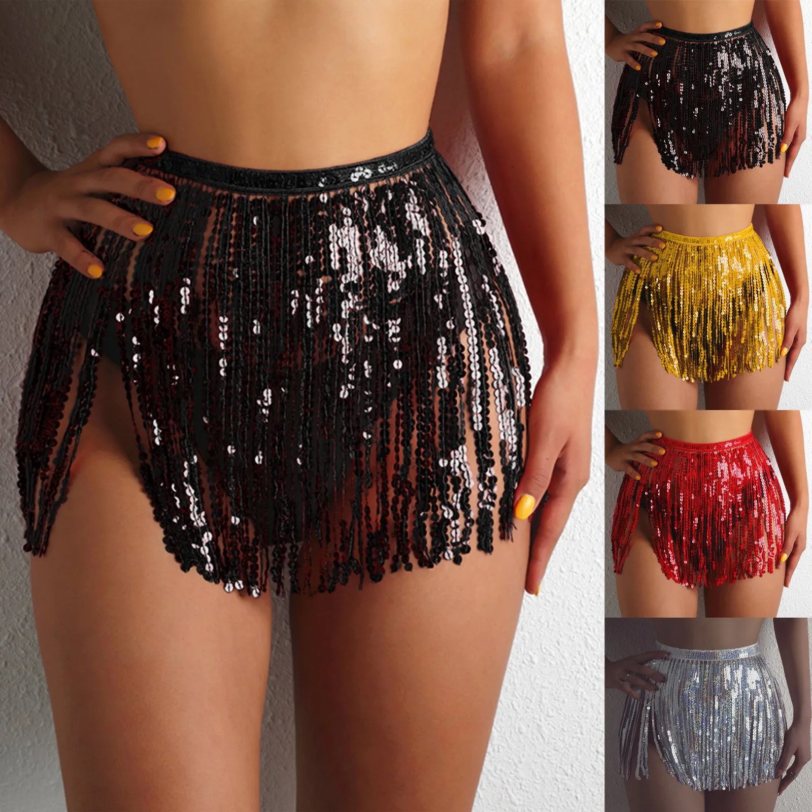 Women Tassel Fringe Sequin Skirts Summer Beach Dancer Costume Skirts Sexy High Waist Mini Skirts Sarong Swimwear Cover-ups 2022