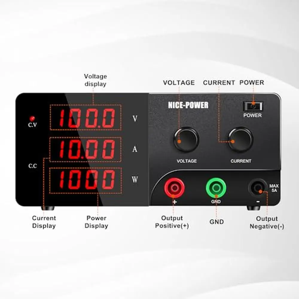 100V 10A High Precision Benchtop Power Supply with Encoder Adjustment LED Display Overload Protection CE & FCC Certified Compact