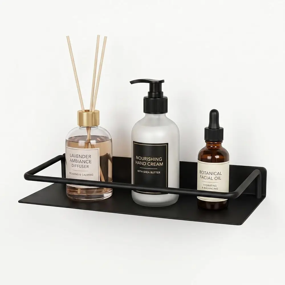 

12 Inch Black Metal Wall Shelf with Guard Rail for Bathroom, Kitchen, and Display Needs