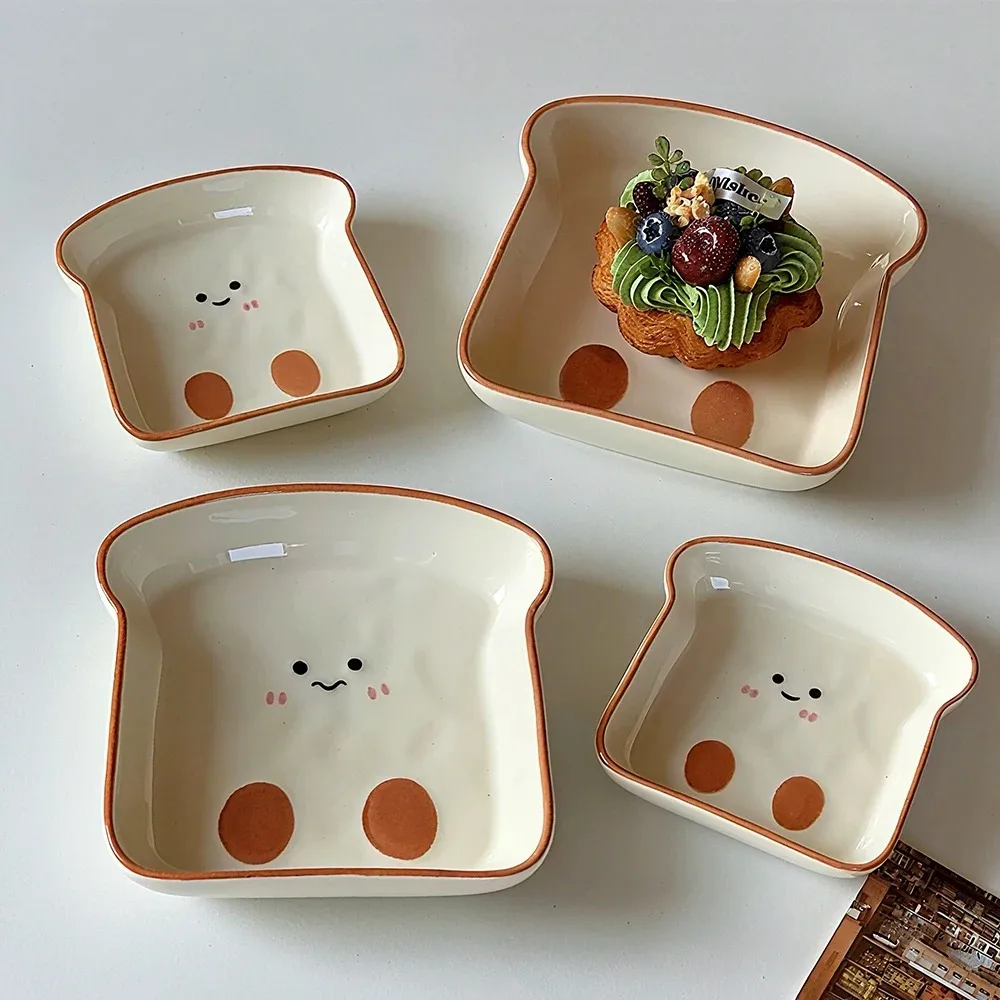 1 Cute Toast-Shaped Ceramic Plate Korean INS Cartoon Tableware for Home Afternoon Tea Dessert Cake Snack Plate