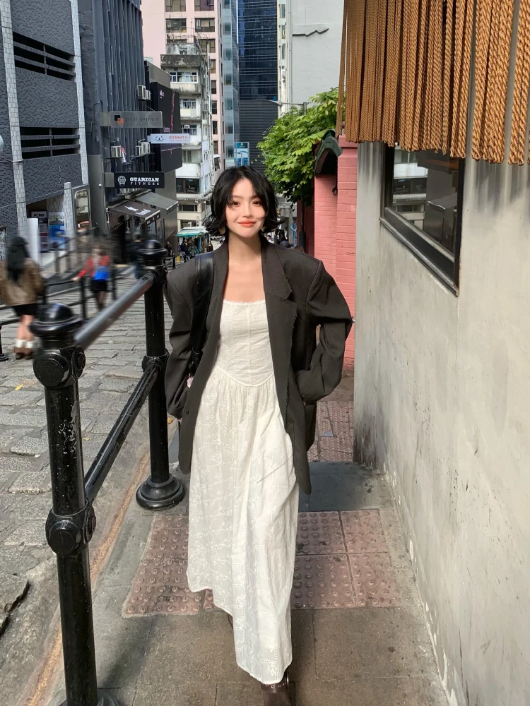 Loose Wide Version Retro Hong Kong Style Spring Summer New Arrival Women's Casual Lapel Coat Long Sleeve round Neck Single Bu...
