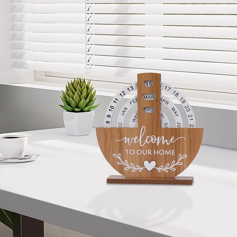 Wooden Calendar Home Porch Decoration Office Desktop Decoration Manual Rotating Desk Calendar Sweet House Durable Easy Install