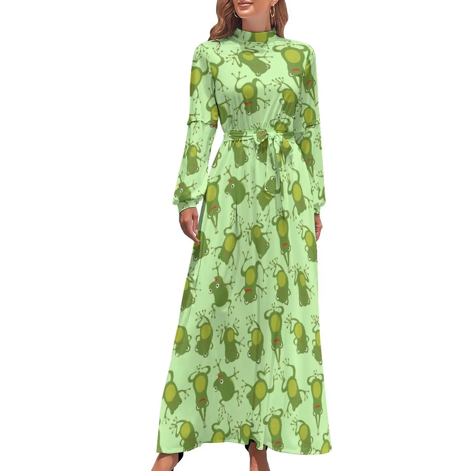 

Green Frog Lovers Dress Animal Print Korean Fashion Beach Dresses Female Long Sleeve High Waist Sexy Long Maxi Dress