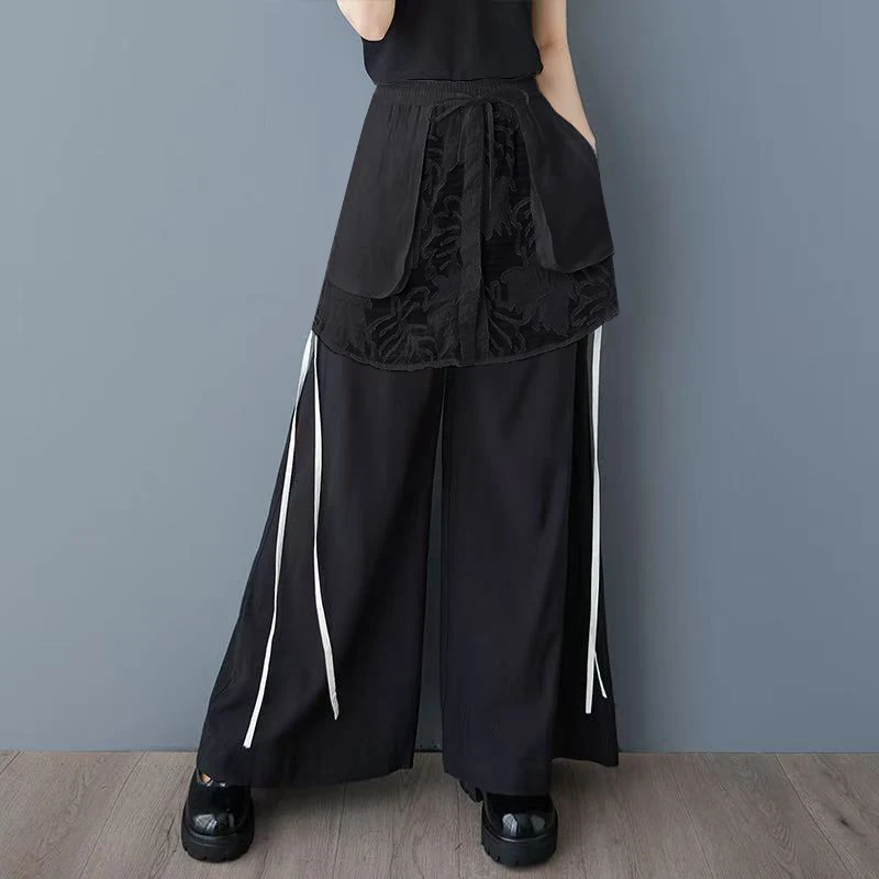 Casual kanten patchwork wijde pijpen broek elastische taille rechte snit ket ontwerp dames hoge taille lang katoen polyester mix