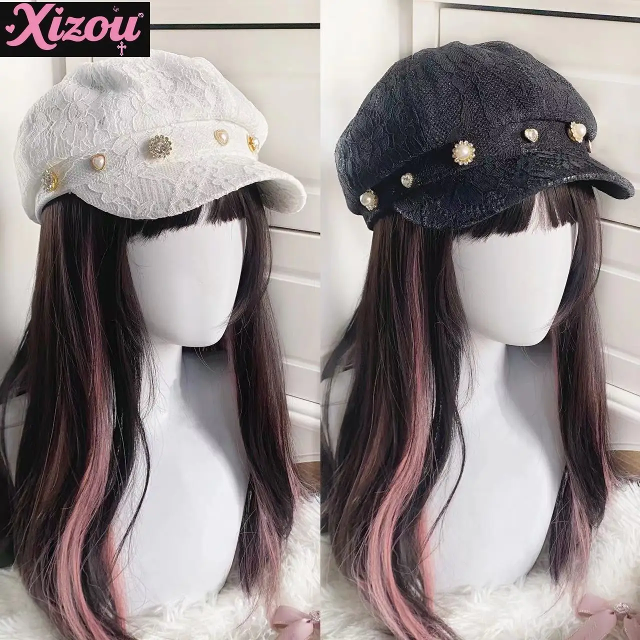 

Autumn Mine-Style Mass- Production Rhinestone Love Lace Octagonal Cap Women Japanese-Style Subculture Lace Beret Black Cap Girl