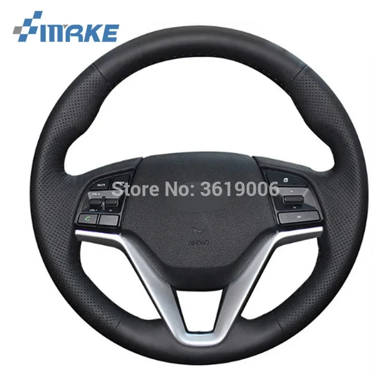 For Hyundai Tucson 2015-2016 High Quality Hand-stitched Anti-Slip Black Leather Black Thread DIY Steering Wheel Cover