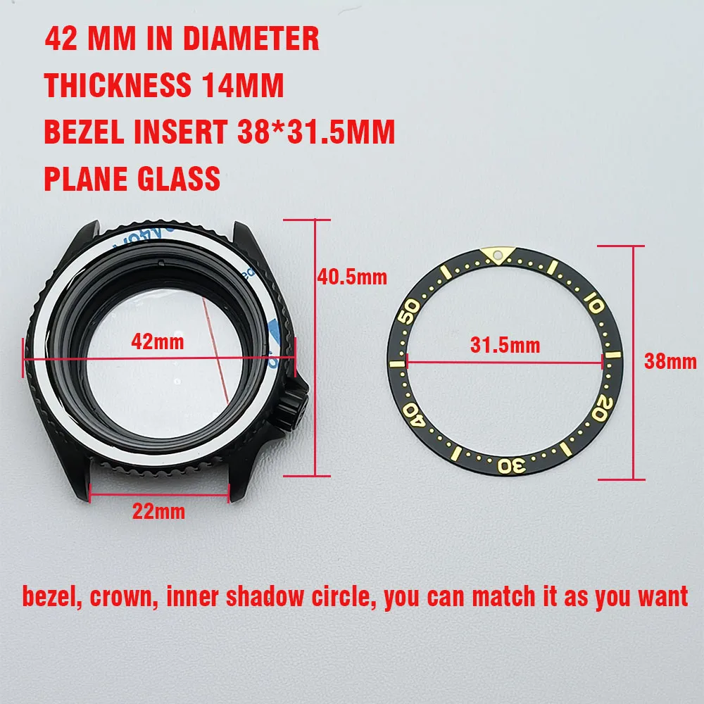 NH35 Case 42mm Watch Silvery/Black Case collocation Aluminum Bezel FIT NH35 NH36 Dial watch case Sapphire Plane Glass 22mm Strap