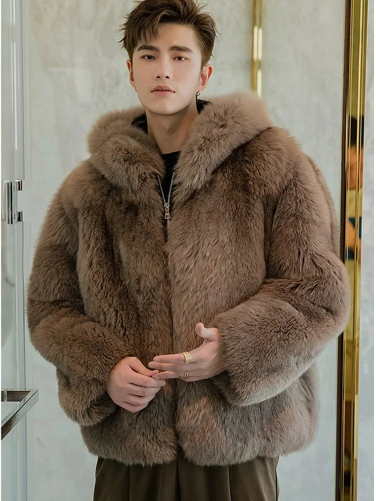 Zipper Hooded Warm Fluffy Jacket Fashion Thicken Faux Fur Jacket For Man 2024 Winter Men's Long Sleeved Artificial Fur Coat