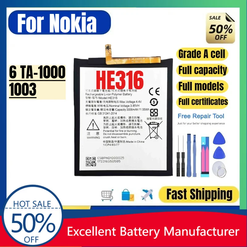 0 Cycle HE316 Battery for Nokia 6 TA-1000 TA-1003 Phone High Quality Replacement Battery Lithium Polymer Bateria with Tools