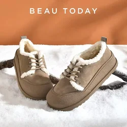 BEAUTODAY, zapatos planos de invierno para mujer, gamuza de vaca, retales, punta redonda, cálidos, cortos, de felpa, decoración cruzada, zapatos planos para mujer hechos a mano 22810