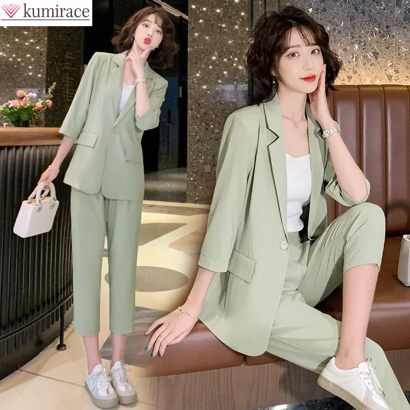 

Plus Size 2022 Summer New South Korea Fashion Temperament Leisure Coat Two-piece Elegant Woman Comfortable Clothes Pants Suit