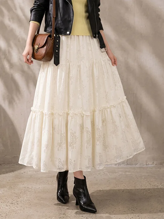 Women Vintage Beige Lace Tiered Midi Skirt Elastic High Waist Ruffle Hem A‑line Skirt French Floral Print Swing Skirt Autum Wear