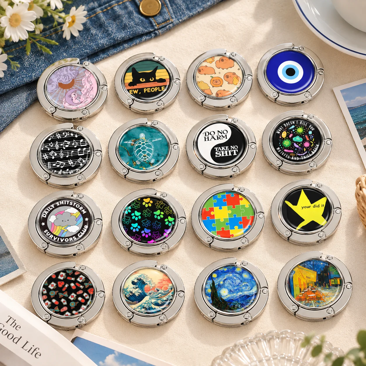 Autism Awareness Portable Round Hook Student Table Hook Bag Hanger Folding Metal Multifunctional Bag Hook Decoration Gift
