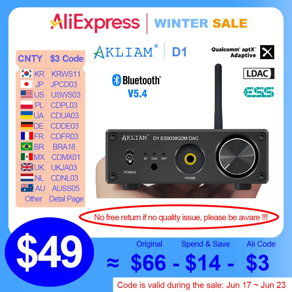 AkLIAM D1 ES9038Q2M DAC APTX-HD LDAC Aptx-Adaptive QCC3084 Bluetooth 5.4 DAC HIFI Sound Decoder