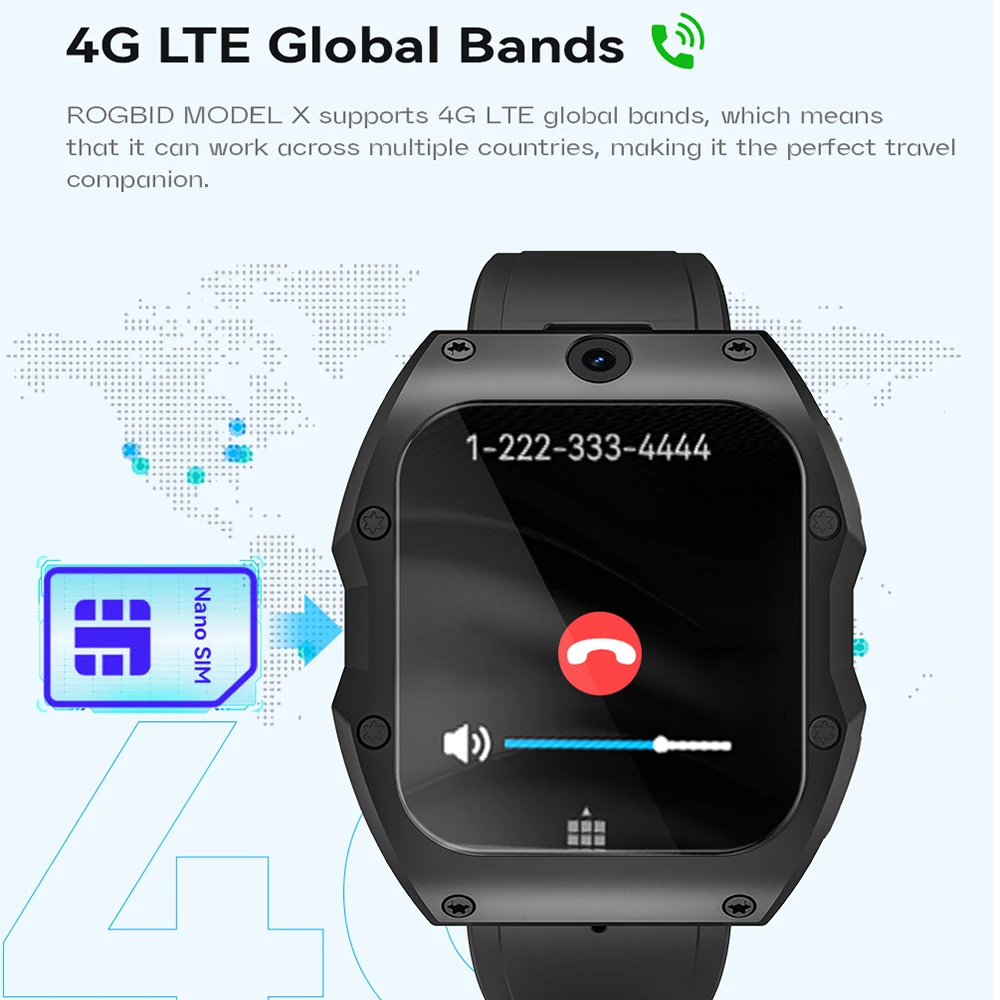 Rogbid Model X Android 9,0 reloj inteligente 4G LTE 4GB Ram 128GB Rom Quad Core Smartwatch cámaras duales pantalla HD de 1,99 "bisel de cerámica