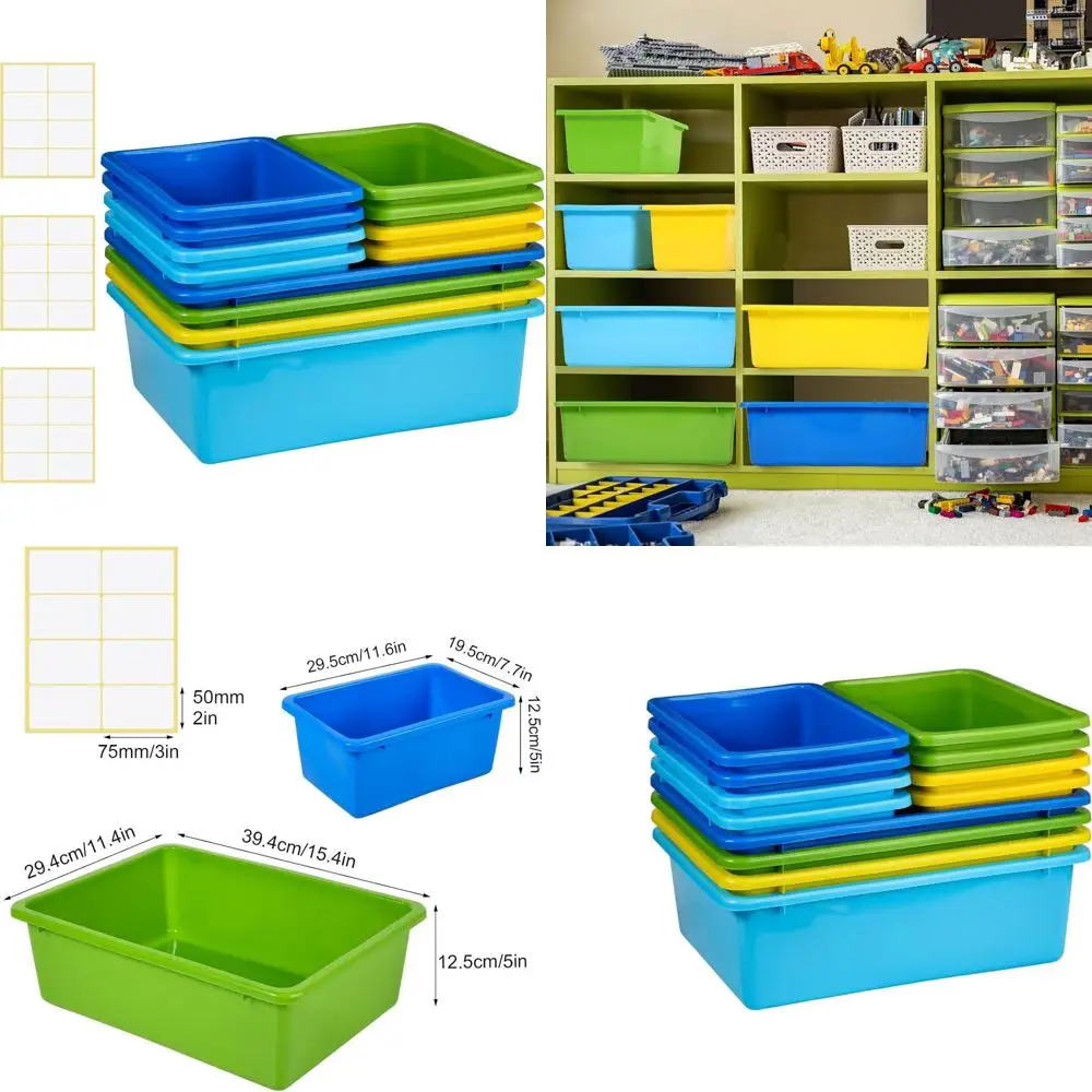 

12-Piece Plastic Storage Bins for Home, Office, and Library with Adhesive Labels (Colorful)