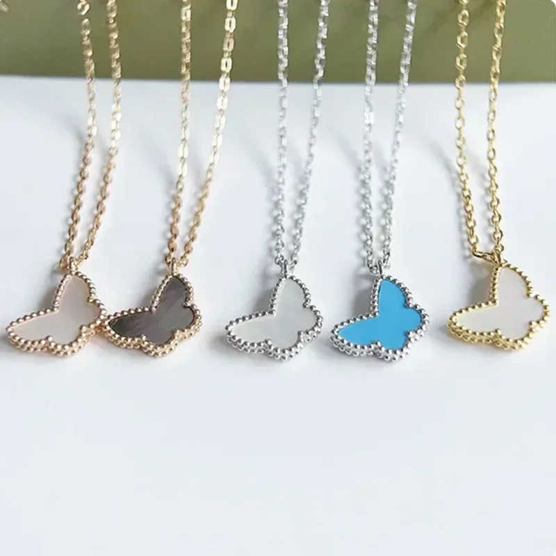 

925 Sterling Silver Mini Turquoise White Fritillaria Butterfly Shell Pendant Necklace Luxury Brand Jewelry