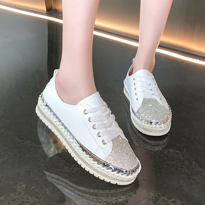 Women's large size flat single shoes autumn new round head deep mouth rhinestones lace-up seam thick soled loafers