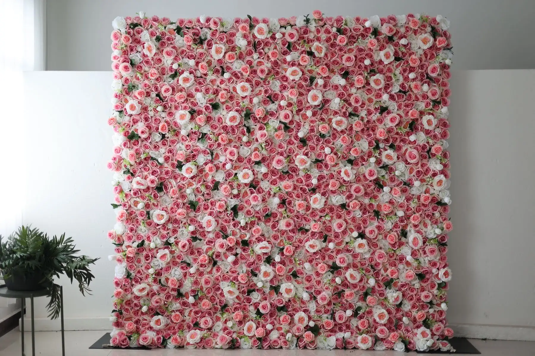 3D luxury Rose pink green leaves Curtain Cloth Flower Wall Outdoor Wedding Backdrop Decoration Events Prop Window Display