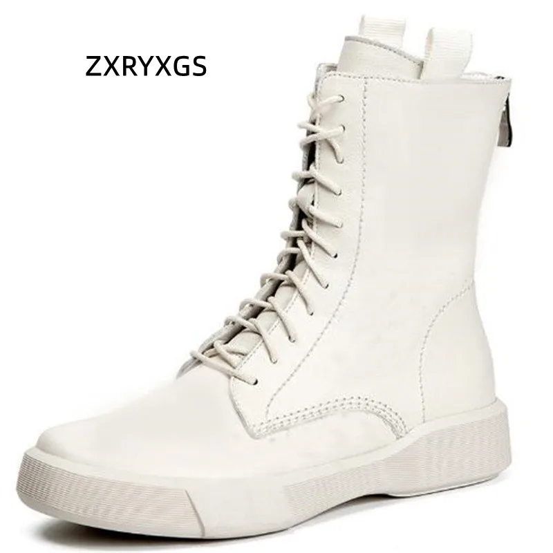 

ZXRYXGS 2024 New Spring Autumn Premium Cowhide Real Leather Boots Women Fashion Boots Flat Comfort Warm Shoes Winter Boots Tide