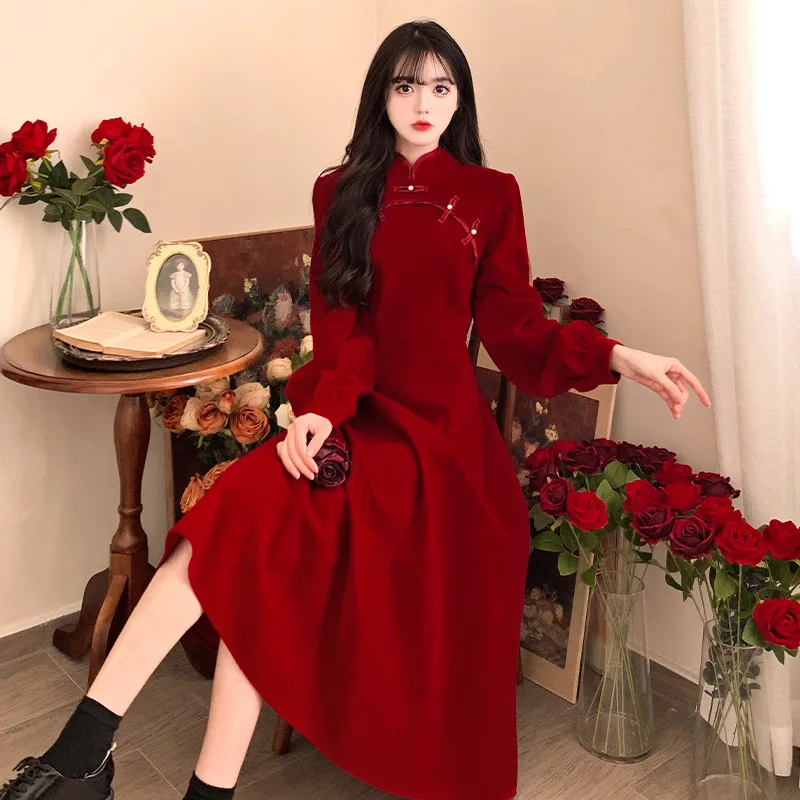 Elegant Velvet Cheongsam Long Dresses For Women Large Size Autumn Winter Loose Female Long Sleeve Red Vestido A Line Slim Robe