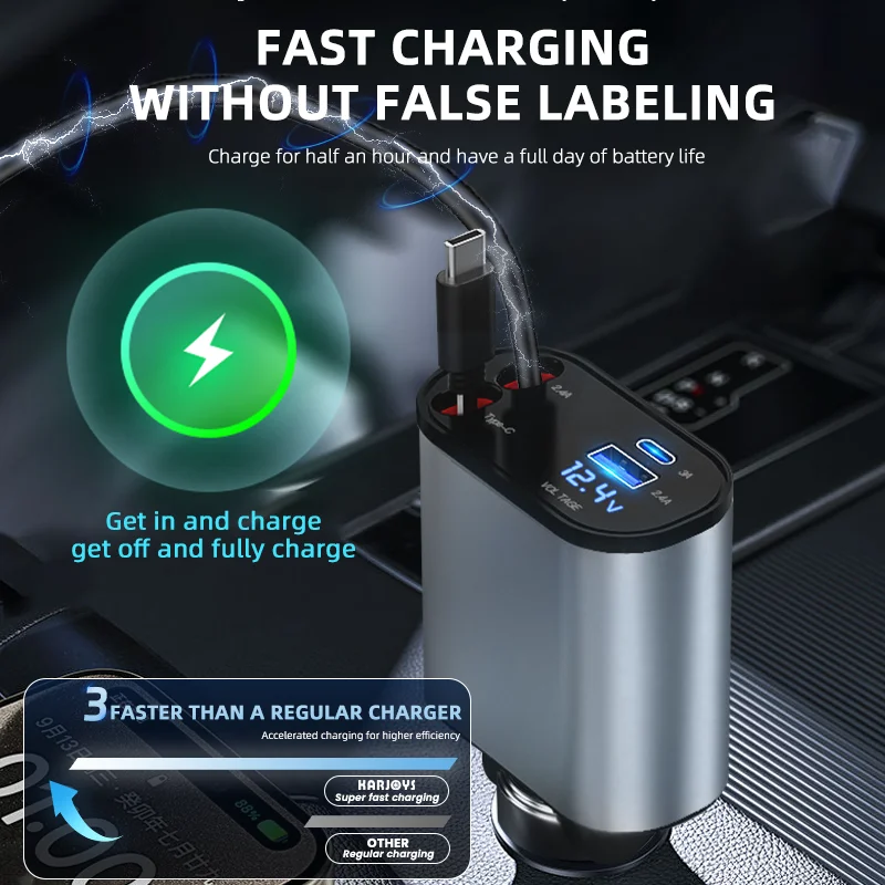 Retractable Car Charger 4 in 1, Fast Car Phone Charger with Cord 2.6ft, Compatible with iPhone 15/15 Pro Max/14/13/12/11