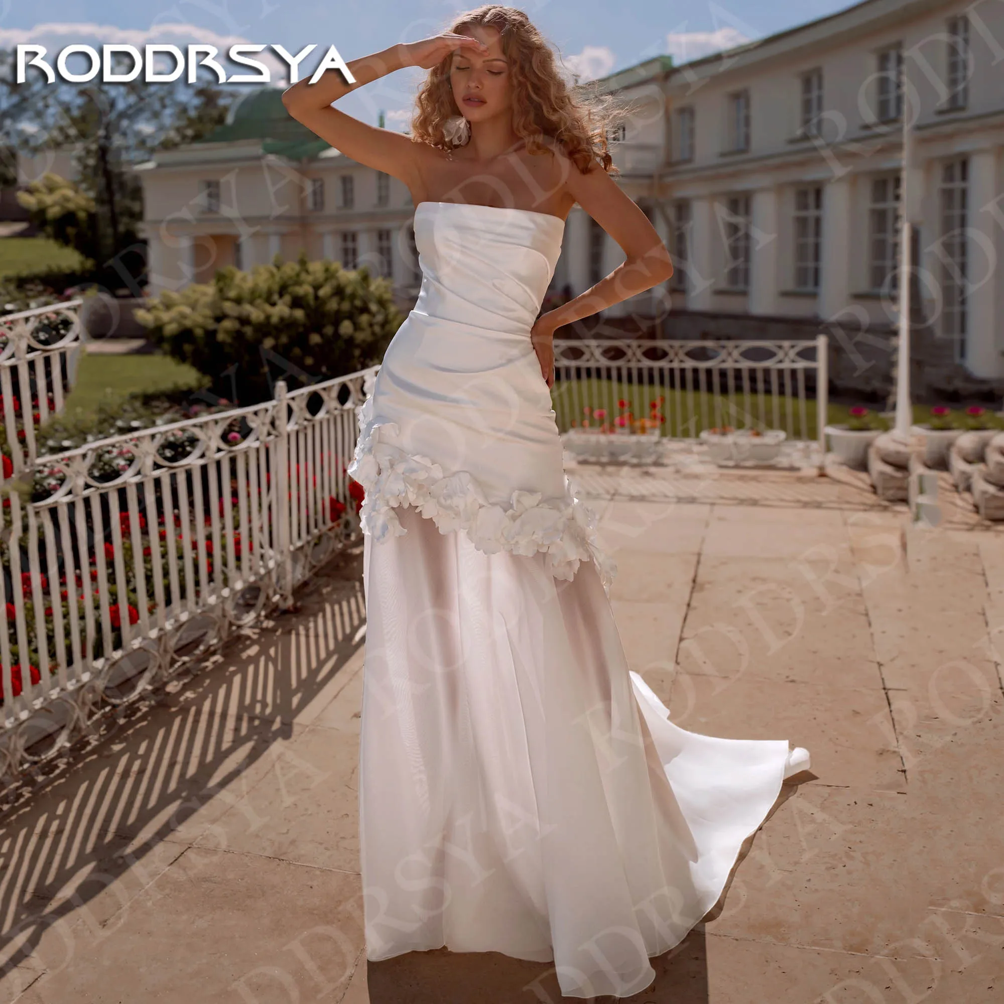 RODDRSYA Wedding Dresses Satin Strapless Bride Gowns Sleeveless 2026 3D Flowers Mermaid Bridal Dress Customized robe de mariage