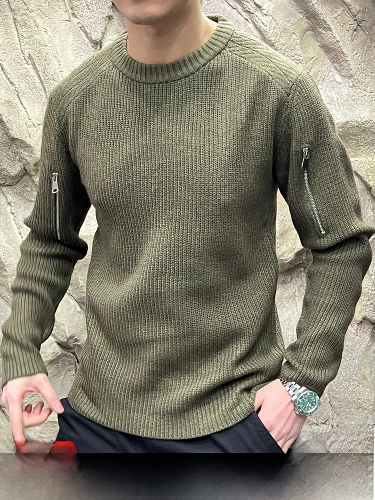 

Faionable Silk Long Staple Cotton Autumn Winter Men's High Street Zipper Coarse Needle Vertical Stripe Knitted Sweater