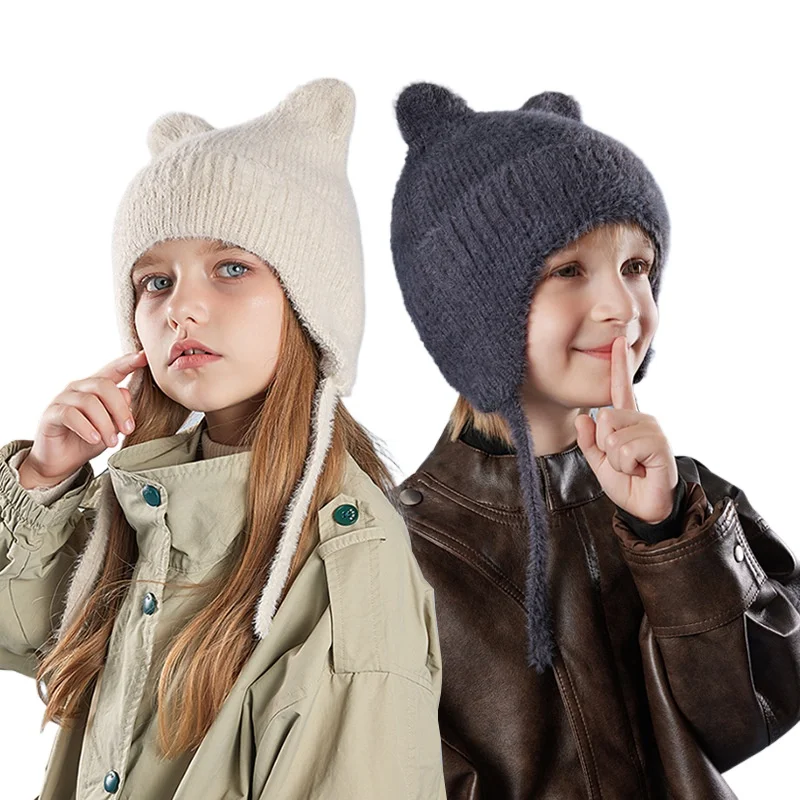 

Children's Beanies Hat Winter Boys and Girls Outdoor Warm Ear Protection Pullover Hat Cartoon Cute Cat Ear Knitted Wool Hat
