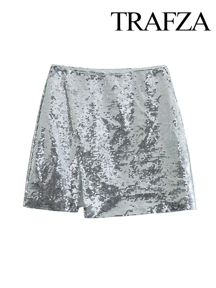 TRAFZA Weibliche Elegante Mini Röcke Silber Hohe Taille Pailletten Dekoration Schlitz Versteckte Schnalle frauen Sommer Mode Kurze Röcke