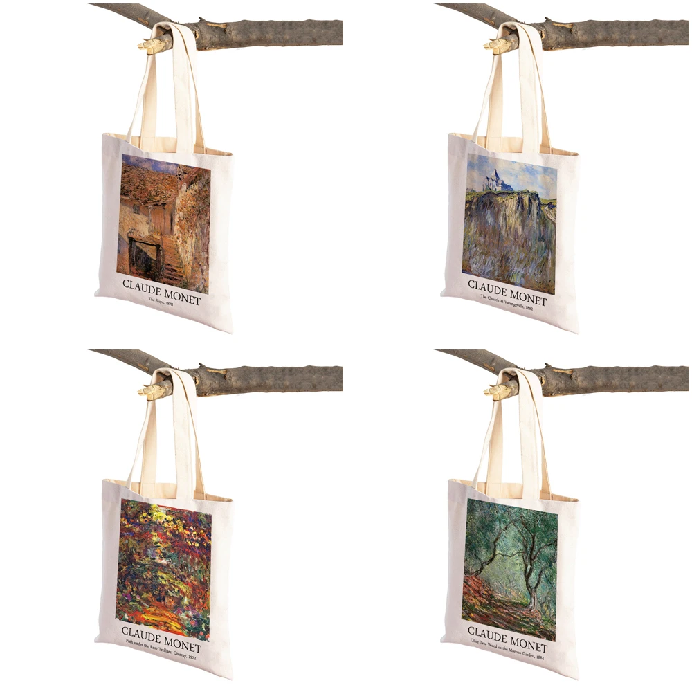 Claude Monet Garden Women Shopping Bags Casual Canvas Double Print Decor Vintage Art Girl Shopper Bag Lady Tote Handbags