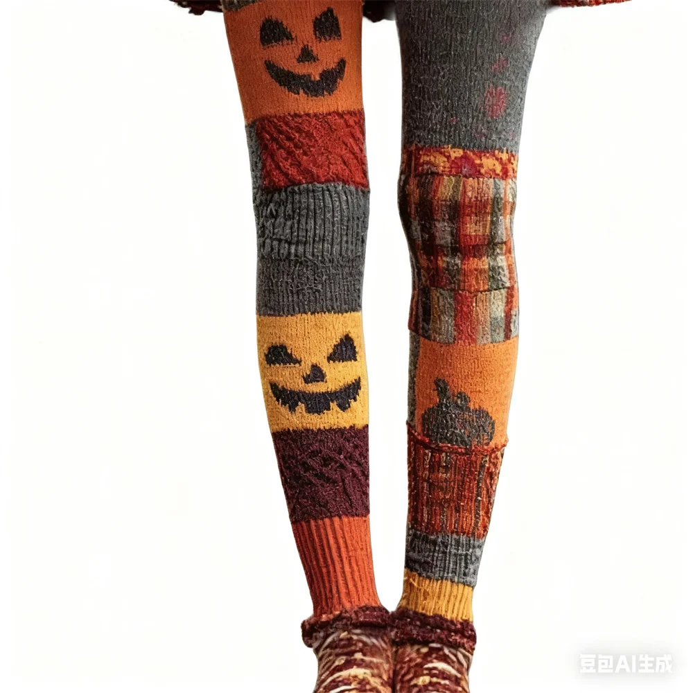 Legging Rajut Wanita Motif Labu Halloween dengan Jahitan Kontras Patchwork, Celana Skinny Nyaman untuk Wanita 1