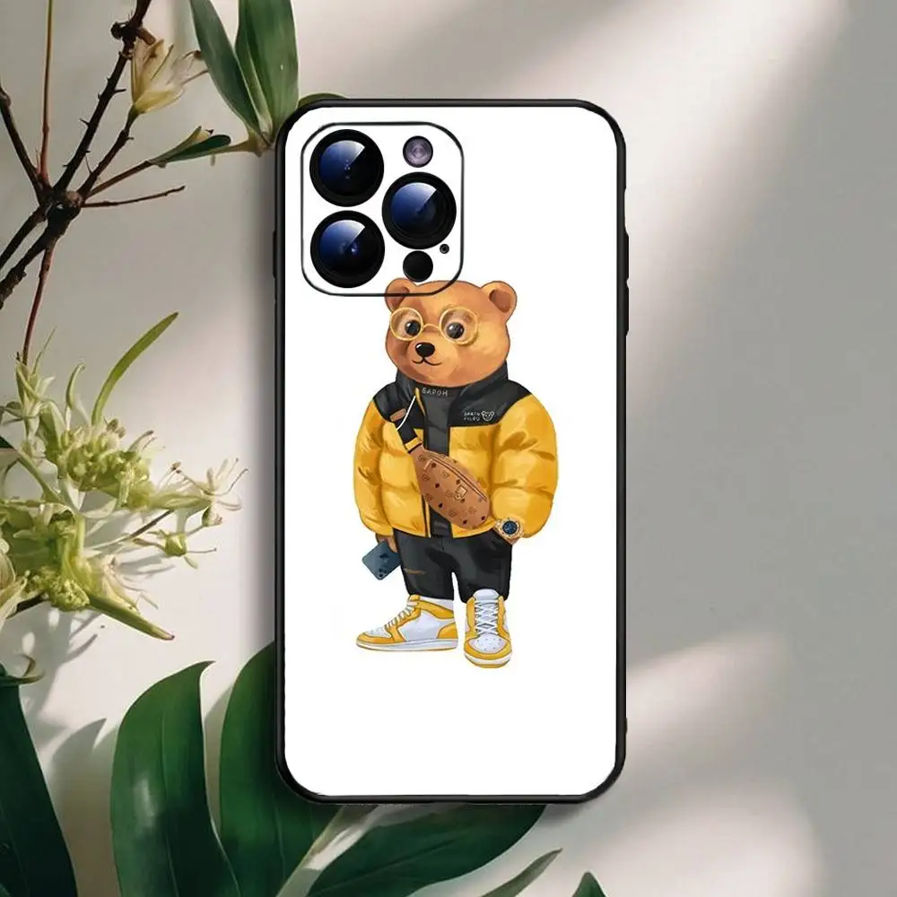 حافظة هاتف عصرية B-Baron F-Filou B-Bear لهاتف iPhone16,15,14,13,12,11 Plus,Pro Max,XS,X,XR,SE,Mini,8,Soft غطاء أسود من السيليكون
