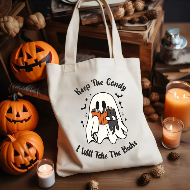 Halloween Cute Ghost Tote Bag Keep The Candy I Will Take The Books Halloween Tote Bag Trick or Treat Spooky halloween decor