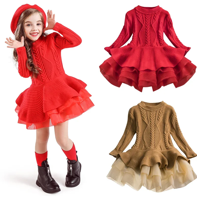 Autunno Inverno Nuove ragazze Abito da principessa Volant Manica lunga Maglione lavorato a maglia Abito in rete Bambini Abiti rossi per feste di