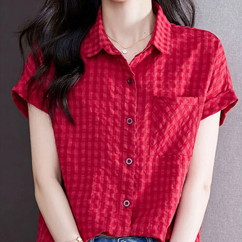 Women's Clothing Fashion Plaid Blouse 2024 Commute Single-breasted Casual Pockets Patchwork Summer Turn-down Collar Loose Shirt