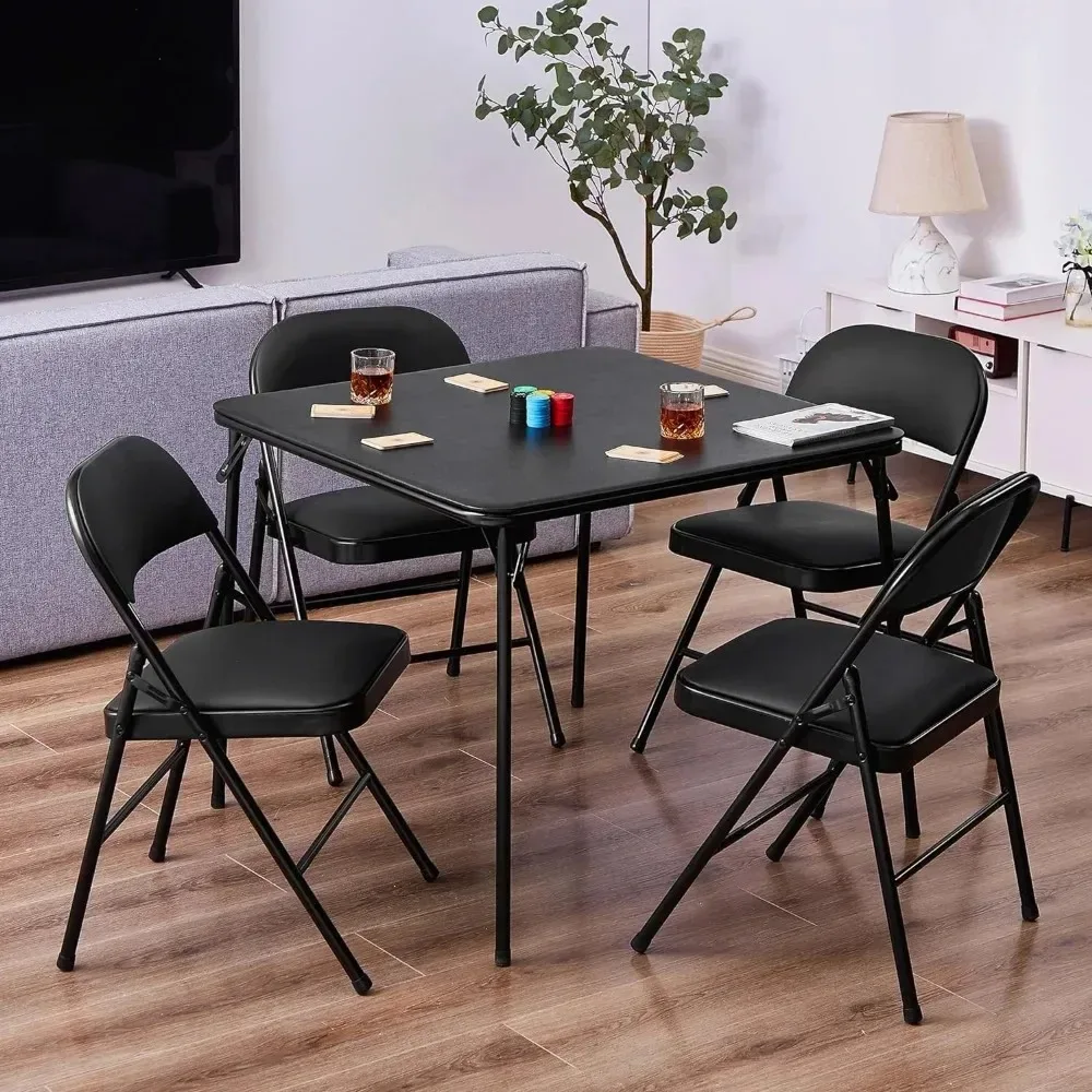 Folding Card Table and Chair Set of 5 Portable with Padded Tabletop, No Assembly Required, Black, 5 Piece Set