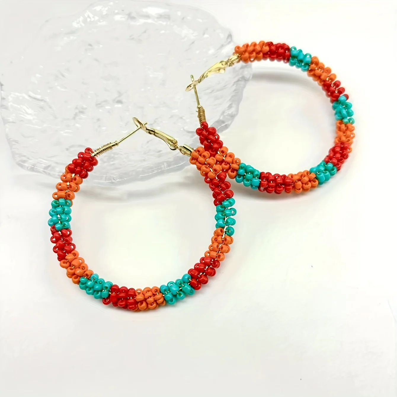 Pendientes de aro coloridos para mujer, joyería de hierro adornada con cuentas de vidrio hechas a mano, estilo bohemio elegante para fiesta de