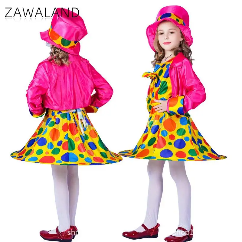 Zawaland Girl Polo Dot Clown Dress Suit Halloween Cosplay Costume School Party Stage Performance Outfit Funny Holiday Dresses