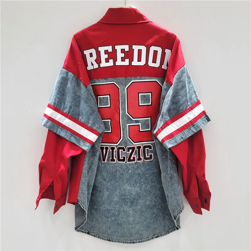 American Retro Denim Spliced Shirt Jacket Women 2025 Spring Autumn New Fashion Trend Print Loose Versatile Jacket Long Sleeve