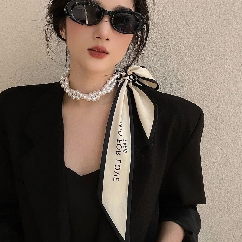 French retro pearl necklace with silk scarf, neck chain, variable collarbone decoration, small scarf, new female streamer.