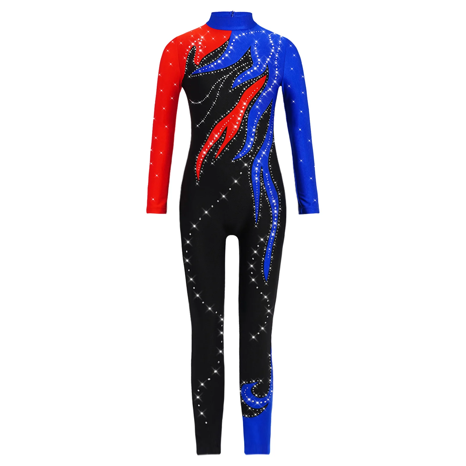 بدلة جمباز للأطفال البنات ذات ألوان متعددة ورقبة وهمية وأكمام طويلة وأحجار الراين اللامعة لكامل الجسم