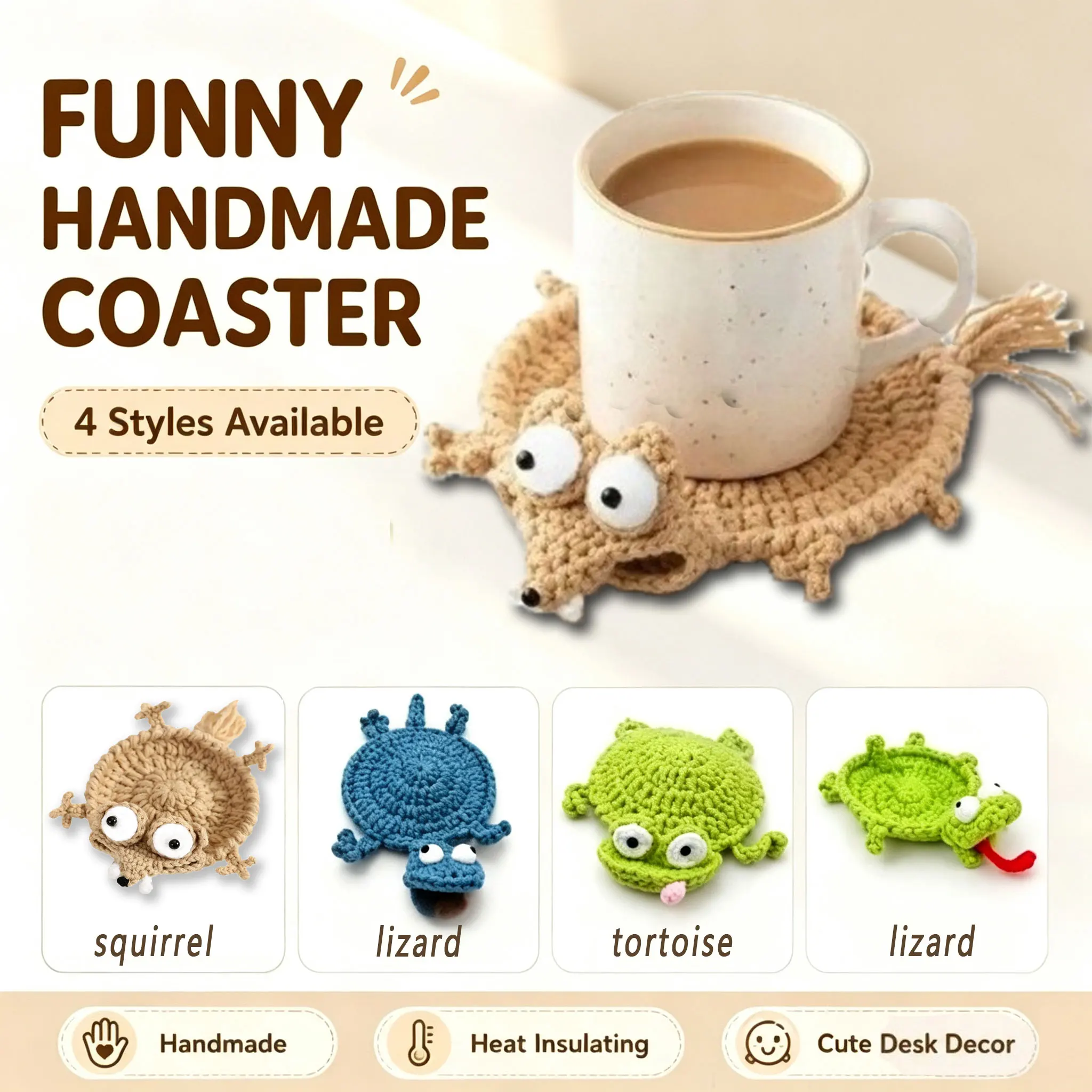 1/2pc Crochet Animal Coasters Cute Knit Cup Mat Handmade DIY Craft Kit Finished Product for Home Office Table Decor Novelty Gift