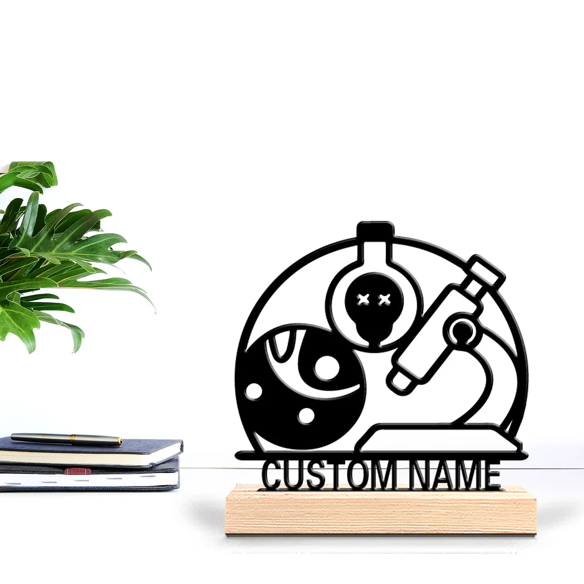 1pc Microscope Custom Text Handicraft With Wood Base Metal Statue Metal Ornament Iron Ornament For Girl Gifts