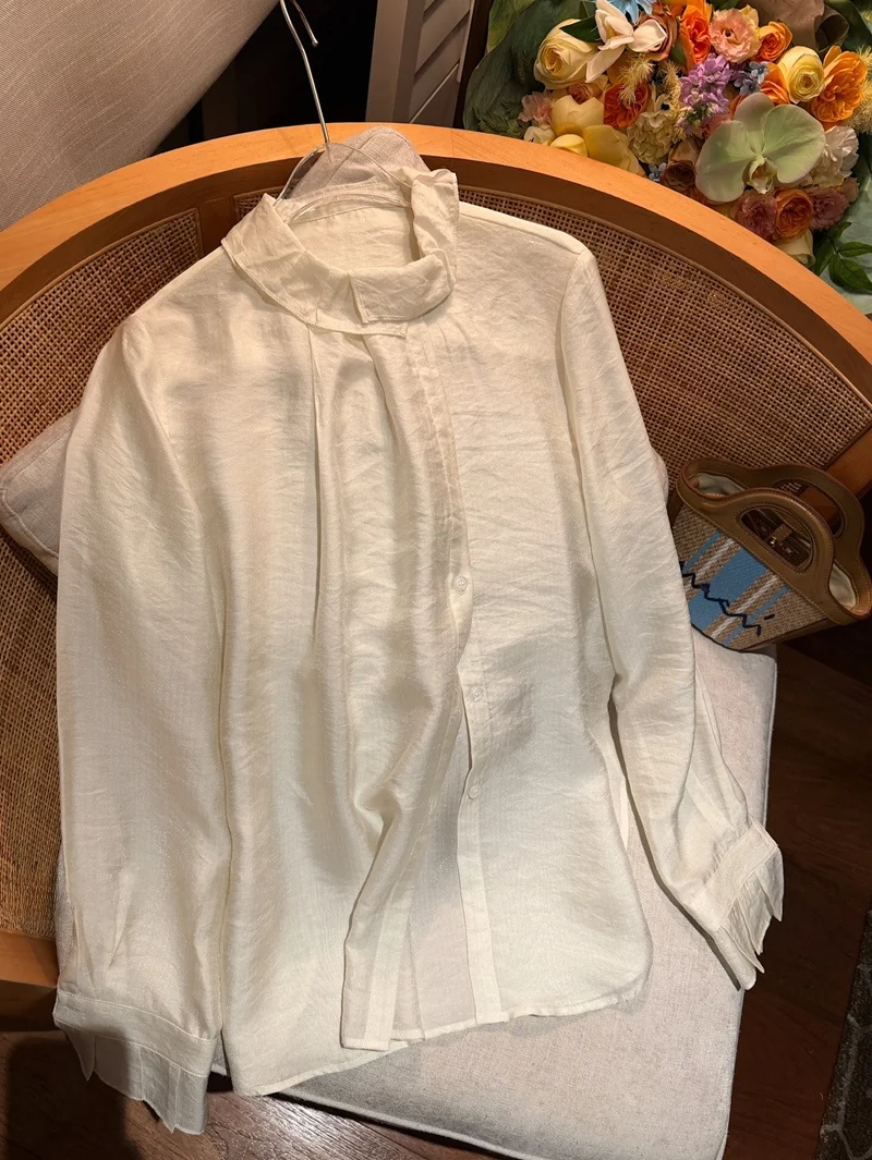 

Slimming Lace Trim Simple irt Design Versatile Layering Light Beige Slim Fit irt Top Gentle Sle Loose Fit Long S...