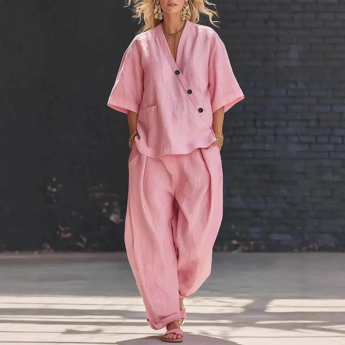 Casual Loose Short Sleeve V-Neck Two-Piece Set High Waist Pants Pure Color Women's Fashion Cross-Border Clothing Ensemble