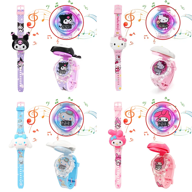 Kawaii Sanrio Kuromi Watch Hello Kitty Cartoon Music Luminous Electronic Watch Children Wrist Watch My Melody Watch Kids Gifts